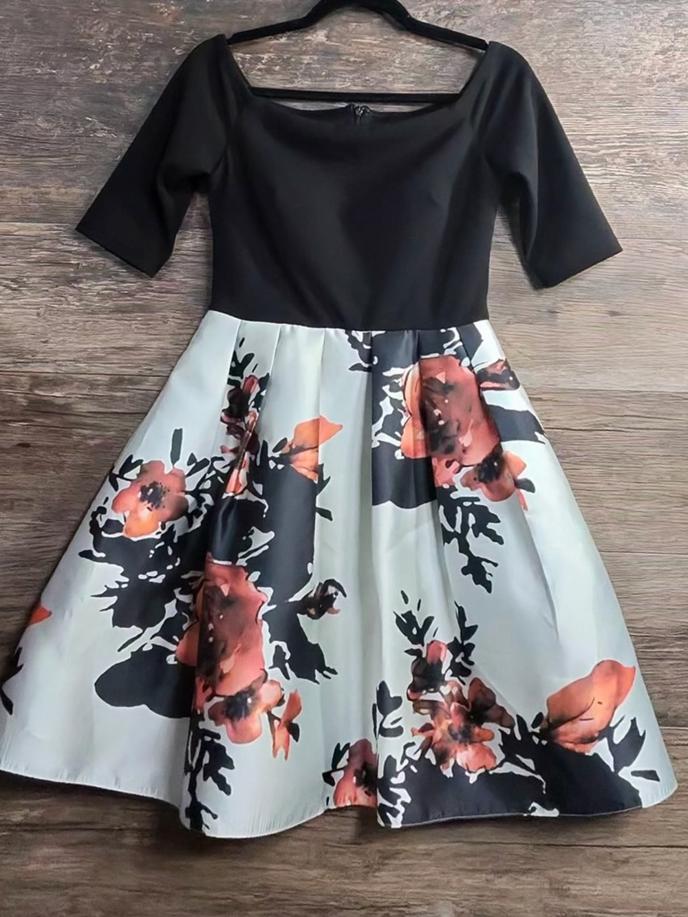 Betsy Adam Floral Fit-and-Flare Midi Dress with Coral Accents